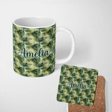Personalized Custom Name Watercolor Tropical Palm Leaf Abstract Seamless Pattern Name Cute 11oz Ceramic Coffee Tea Mug White Large Handle