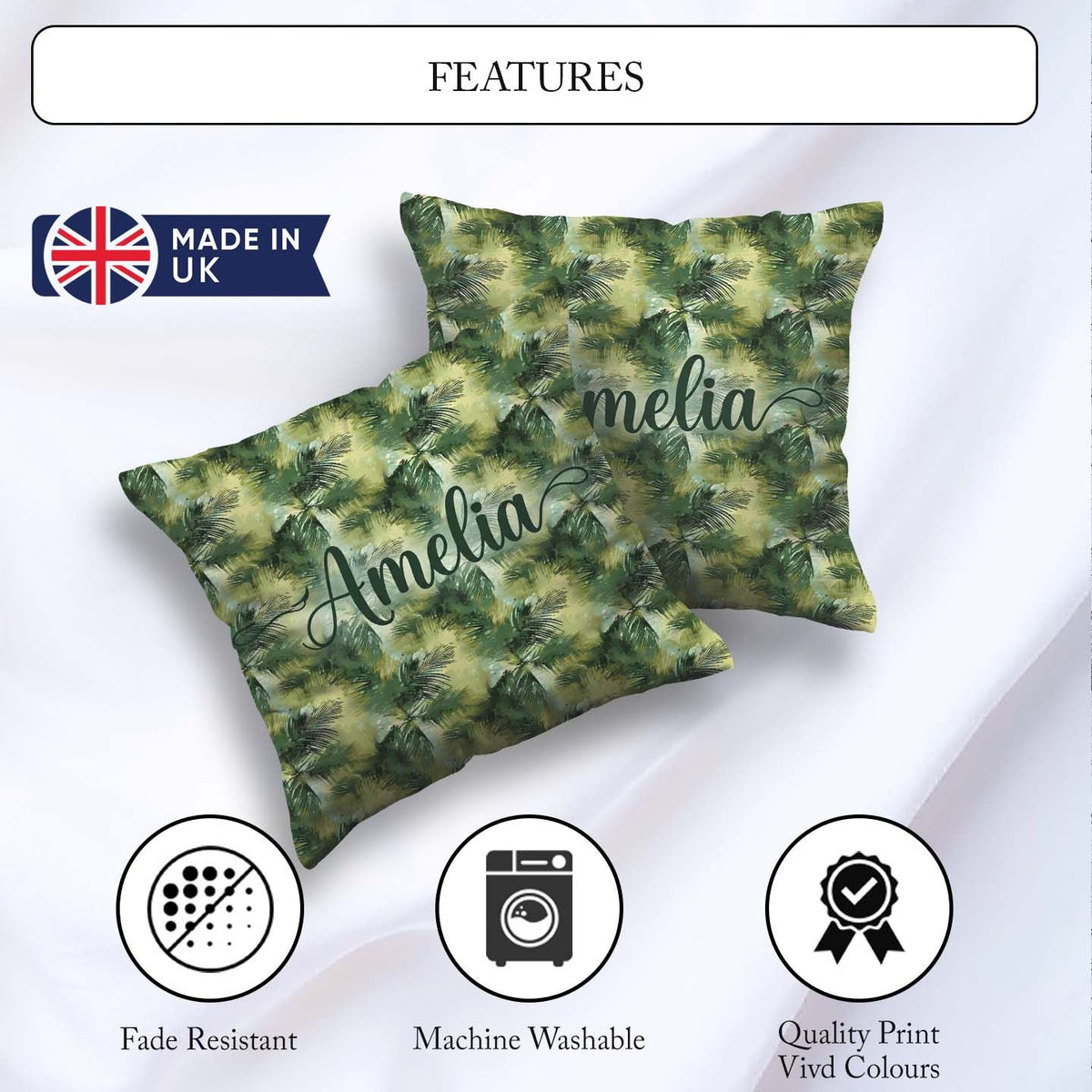 Custom Name Watercolor Tropical Palm Leaf Abstract Seamless Name Square Filled Cushion Throw Pillow Sofa Bed Home Decor Zip Washable UK Made