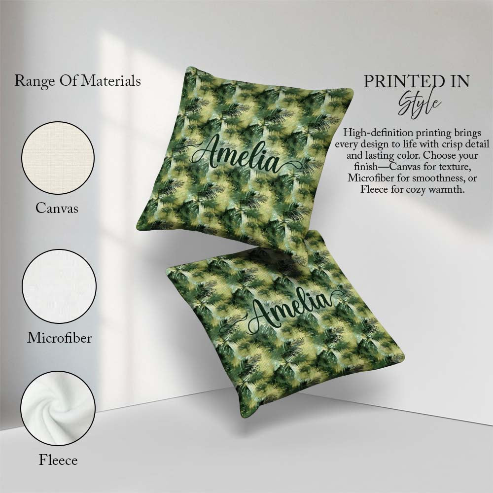 Custom Name Watercolor Tropical Palm Leaf Abstract Seamless Name Square Filled Cushion Throw Pillow Sofa Bed Home Decor Zip Washable UK Made