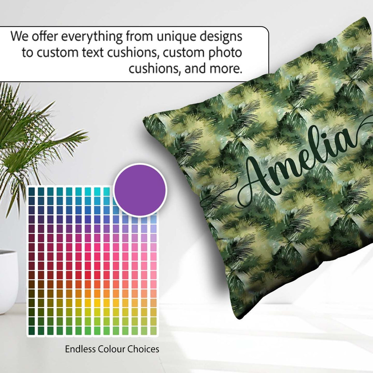 Custom Name Watercolor Tropical Palm Leaf Abstract Seamless Name Square Filled Cushion Throw Pillow Sofa Bed Home Decor Zip Washable UK Made