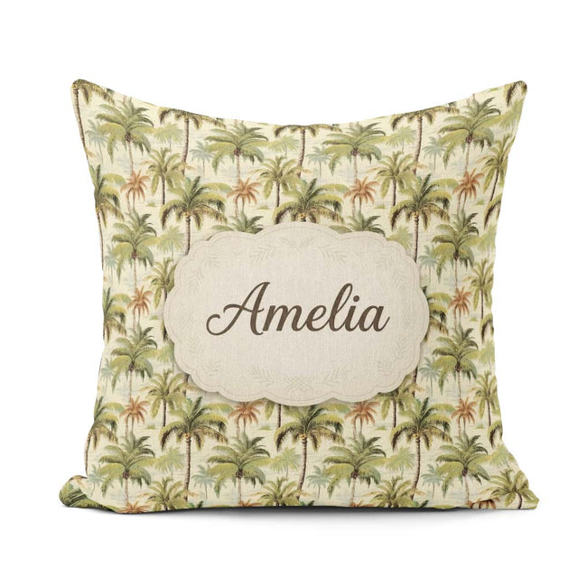 Custom Name Soft Coastal Palm Tree Landscape Seamless Name Cute Square Filled Cushion Throw Pillow Sofa Bed Home Decor Zip Washable UK Made