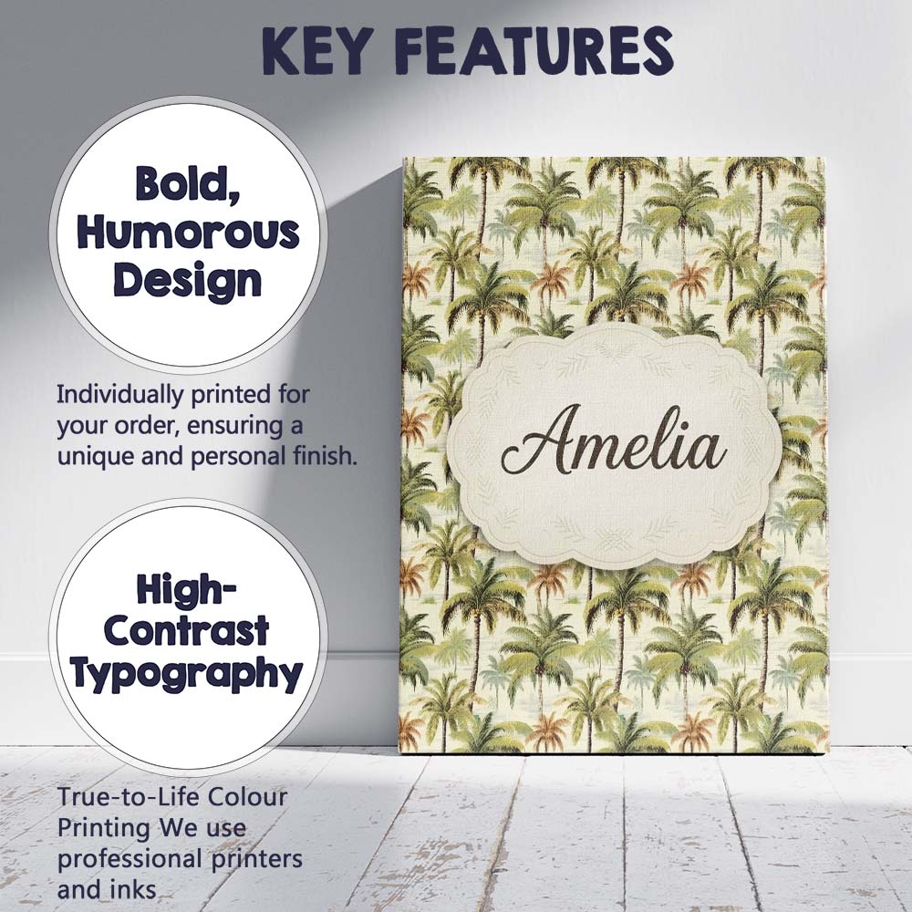Personalised Name Soft Coastal Palm Tree Custom  Unique Gift Idea Elegant Feature Canvas Wall Art Print Decor Picture Ready to Hang