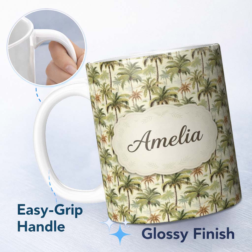 Personalized Custom Name Soft Coastal Palm Tree Landscape Seamless Pattern Name Cute Unique 11oz Ceramic Coffee Tea Mug White Large Handle