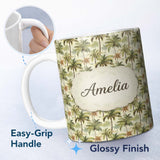 Personalized Custom Name Soft Coastal Palm Tree Landscape Seamless Pattern Name Cute Unique 11oz Ceramic Coffee Tea Mug White Large Handle
