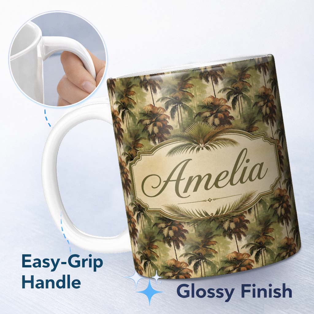 Personalized Custom Name Vintage Warm Tone Palm Jungle Seamless Pattern Name Cute Unique Gift 11oz Ceramic Coffee Tea Mug White Large Handle