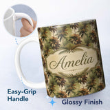 Personalized Custom Name Vintage Warm Tone Palm Jungle Seamless Pattern Name Cute Unique Gift 11oz Ceramic Coffee Tea Mug White Large Handle
