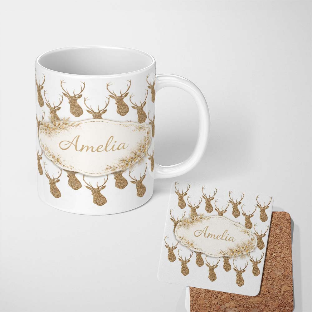 Personalized Custom Name Gold Glitter Deer Seamless Pattern Thoughtful Gift Idea Lovely 11oz Ceramic Coffee Tea Mug White Large Handle
