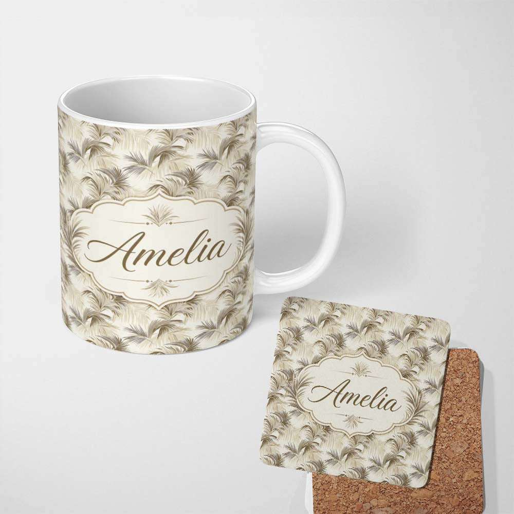Personalized Custom Name Neutral Beige Palm Leaf Botanical Seamless Pattern Name Cute Unique 11oz Ceramic Coffee Tea Mug White Large Handle
