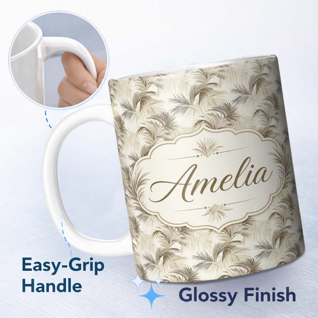Personalized Custom Name Neutral Beige Palm Leaf Botanical Seamless Pattern Name Cute Unique 11oz Ceramic Coffee Tea Mug White Large Handle