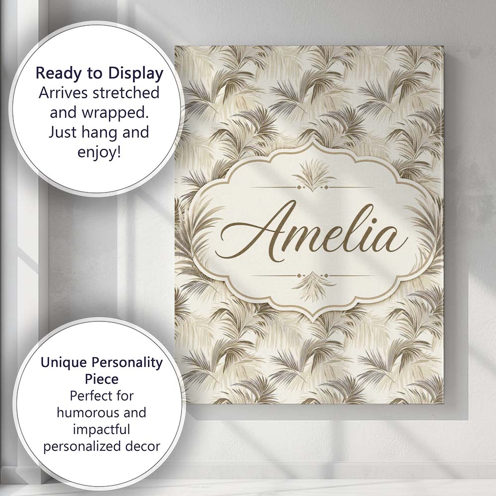 Personalised Name Neutral Beige Palm Leaf Custom  Unique Gift Idea Elegant Feature Canvas Wall Art Print Decor Picture Ready to Hang