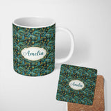 Personalized Custom Name Teal Pine Branch Artistic Nature Seamless Pattern Name Cute Unique 11oz Ceramic Coffee Tea Mug White Large Handle