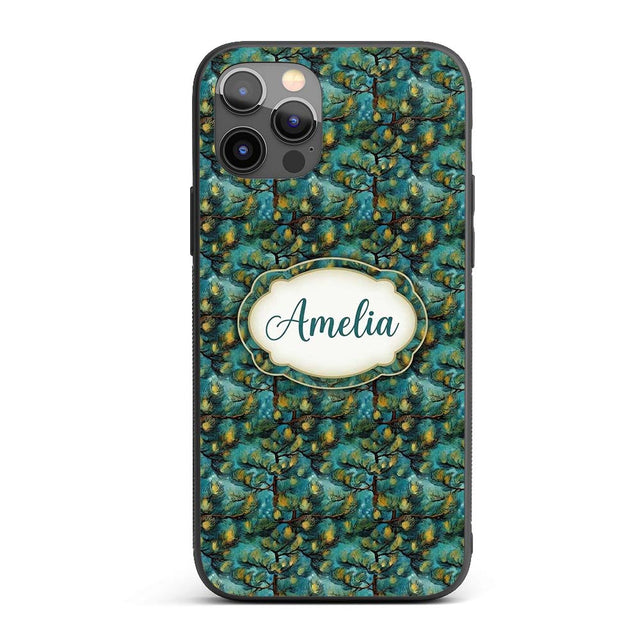 Teal Pine Branch Artistic Nature Seamless Pattern Custom Name Protective Phone Case Mobile Cover Durable Everyday Smartphone Shock Resistant