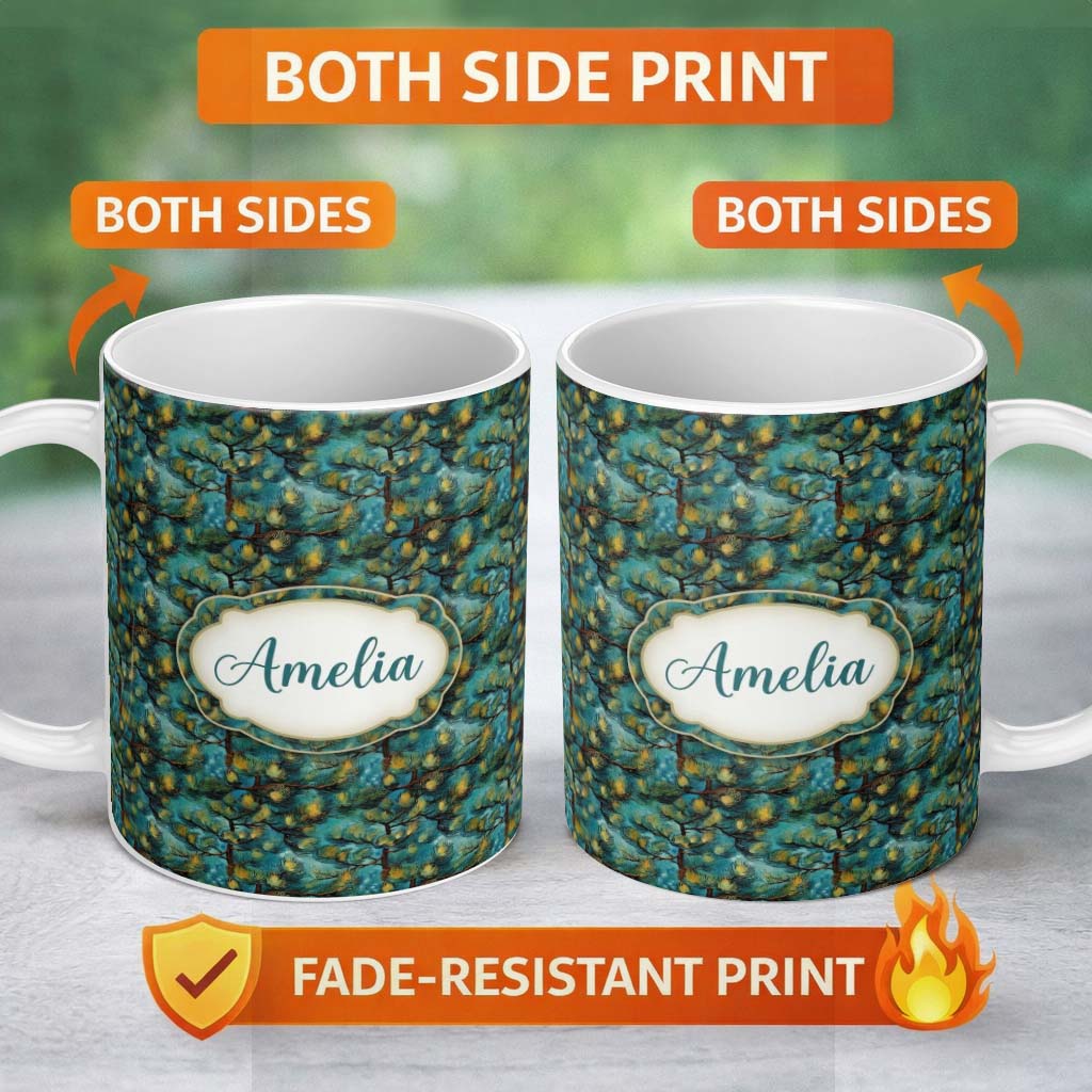 Personalized Custom Name Teal Pine Branch Artistic Nature Seamless Pattern Name Cute Unique 11oz Ceramic Coffee Tea Mug White Large Handle