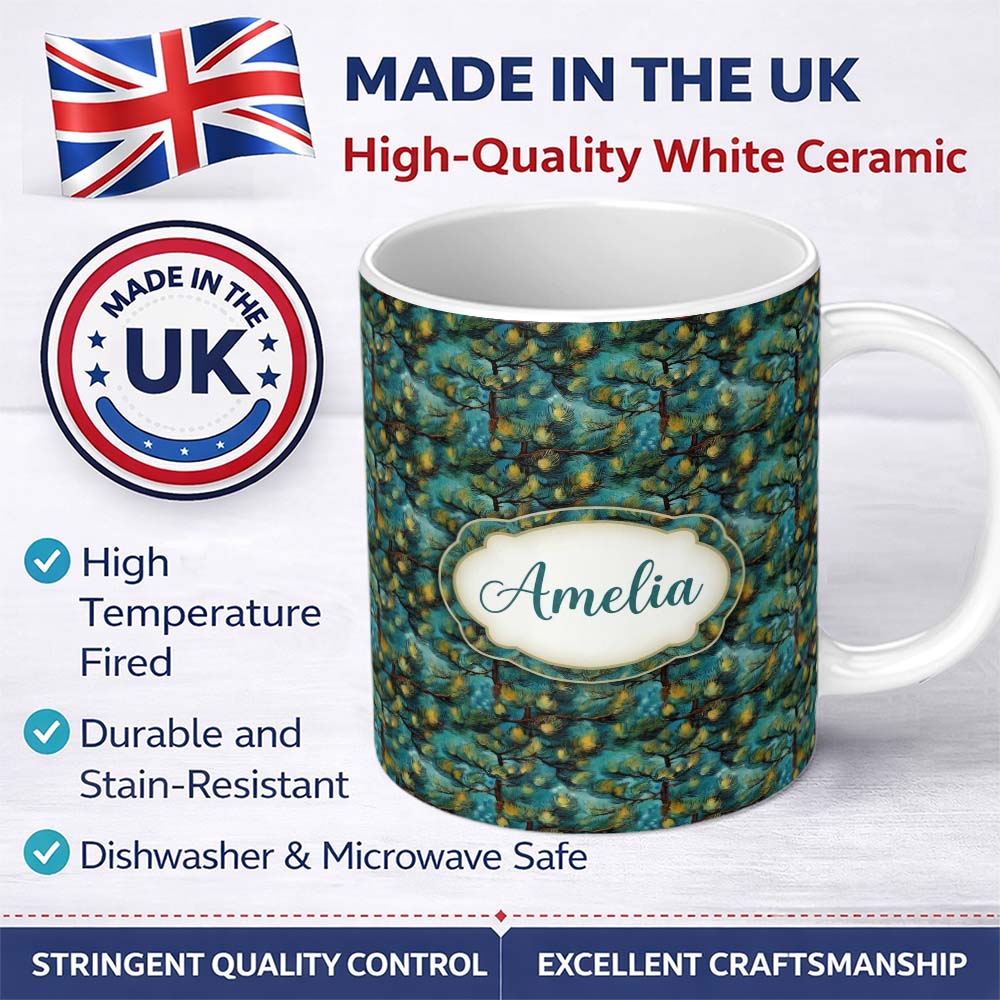 Personalized Custom Name Teal Pine Branch Artistic Nature Seamless Pattern Name Cute Unique 11oz Ceramic Coffee Tea Mug White Large Handle