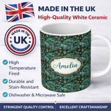Personalized Custom Name Teal Pine Branch Artistic Nature Seamless Pattern Name Cute Unique 11oz Ceramic Coffee Tea Mug White Large Handle