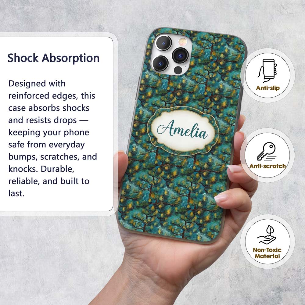 Teal Pine Branch Artistic Nature Seamless Pattern Custom Name Protective Phone Case Mobile Cover Durable Everyday Smartphone Shock Resistant