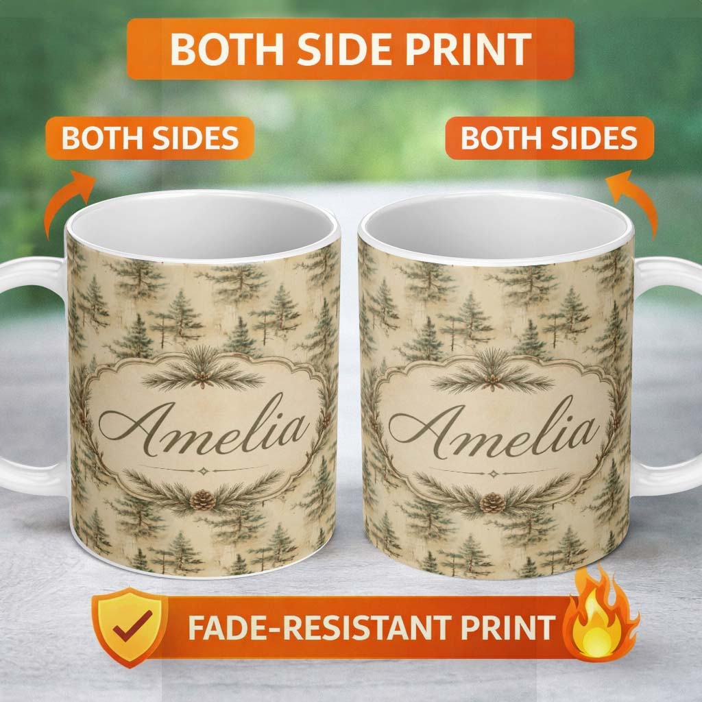 Personalized Custom Name Vintage Pine Tree Forest Soft Beige Background Seamless Pattern 11oz Ceramic Coffee Tea Mug White Large Handle