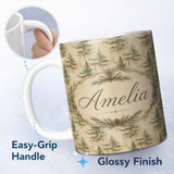 Personalized Custom Name Vintage Pine Tree Forest Soft Beige Background Seamless Pattern 11oz Ceramic Coffee Tea Mug White Large Handle