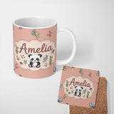 Personalized Custom Name Cute Panda Bear with Bamboo Leaves Floral Seamless Pattern Peach 11oz Ceramic Coffee Tea Mug White Large Handle