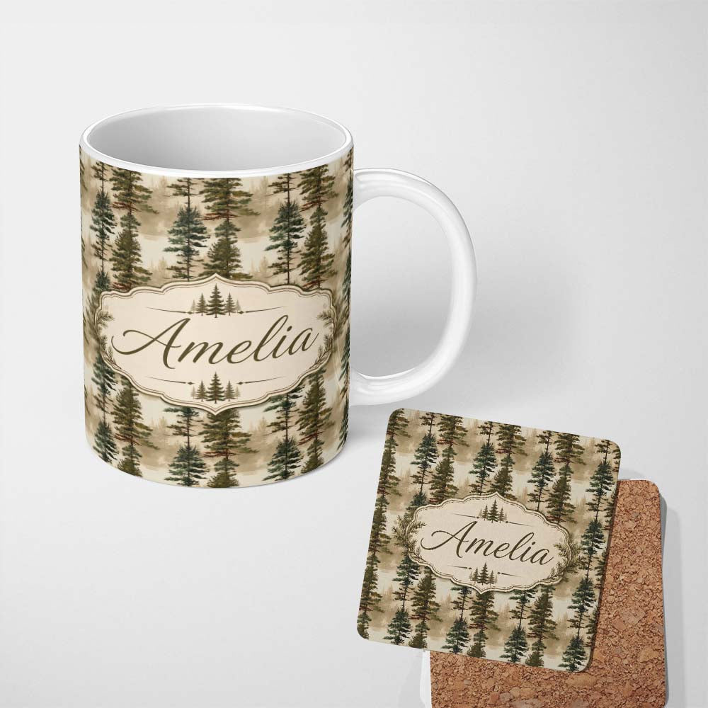 Personalized Custom Name Tall Evergreen Pine Trees Woodland Scenic Seamless Pattern Name Cute 11oz Ceramic Coffee Tea Mug White Large Handle