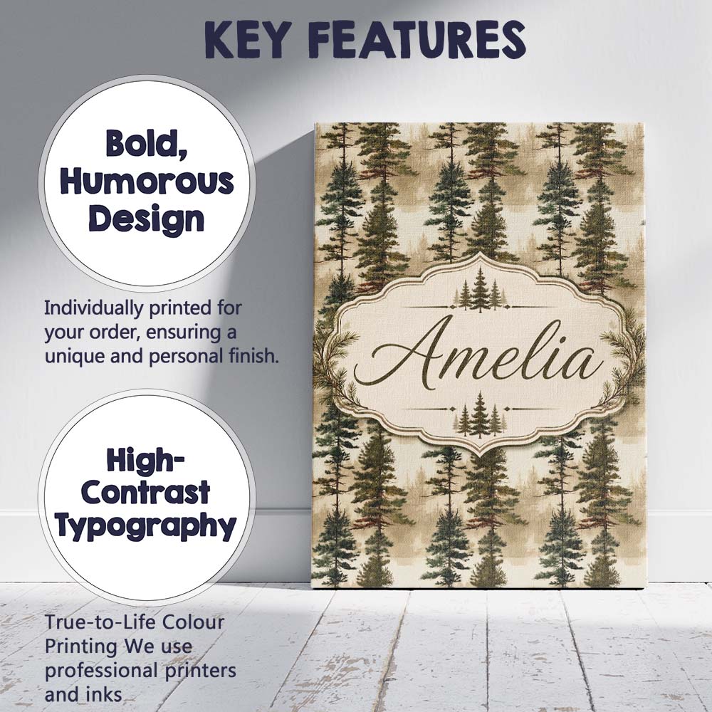 Personalised Name Tall Evergreen Pine Trees Custom  Bespoke Interior Contemporary Canvas Wall Art Print Decor Picture Ready to Hang
