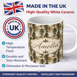 Personalized Custom Name Tall Evergreen Pine Trees Woodland Scenic Seamless Pattern Name Cute 11oz Ceramic Coffee Tea Mug White Large Handle