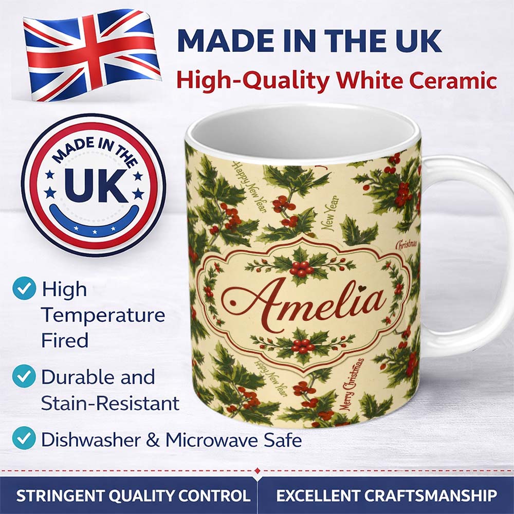 Personalized Custom Name Festive Holly Berries Merry Christmas Text Seamless Pattern Lovely 11oz Ceramic Coffee Tea Mug White Large Handle