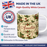 Personalized Custom Name Festive Holly Berries Merry Christmas Text Seamless Pattern Lovely 11oz Ceramic Coffee Tea Mug White Large Handle
