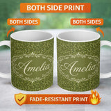 Personalized Custom Name Green Olive Leaf Scatter Seamless Pattern Organic Nature Design 11oz Ceramic Coffee Tea Mug White Large Handle