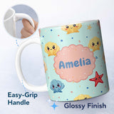 Personalized Custom Name Cute Kawaii Seashells Starfish Ocean Beach Fun Seamless Pattern 11oz Ceramic Coffee Tea Mug White Large Handle