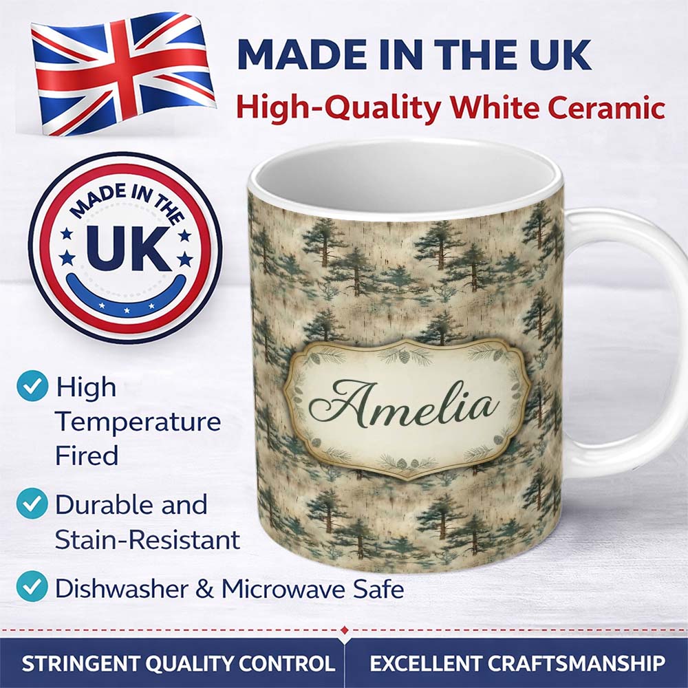 Personalized Custom Name Rustic Pine Tree Landscape Grunge Style Seamless Pattern Name Cute 11oz Ceramic Coffee Tea Mug White Large Handle