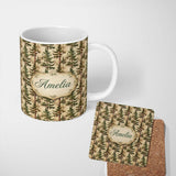 Personalized Custom Name Classic Forest Pine Tree Botanical Vintage Seamless Pattern Name 11oz Ceramic Coffee Tea Mug White Large Handle