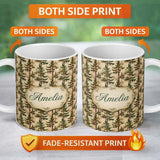 Personalized Custom Name Classic Forest Pine Tree Botanical Vintage Seamless Pattern Name 11oz Ceramic Coffee Tea Mug White Large Handle
