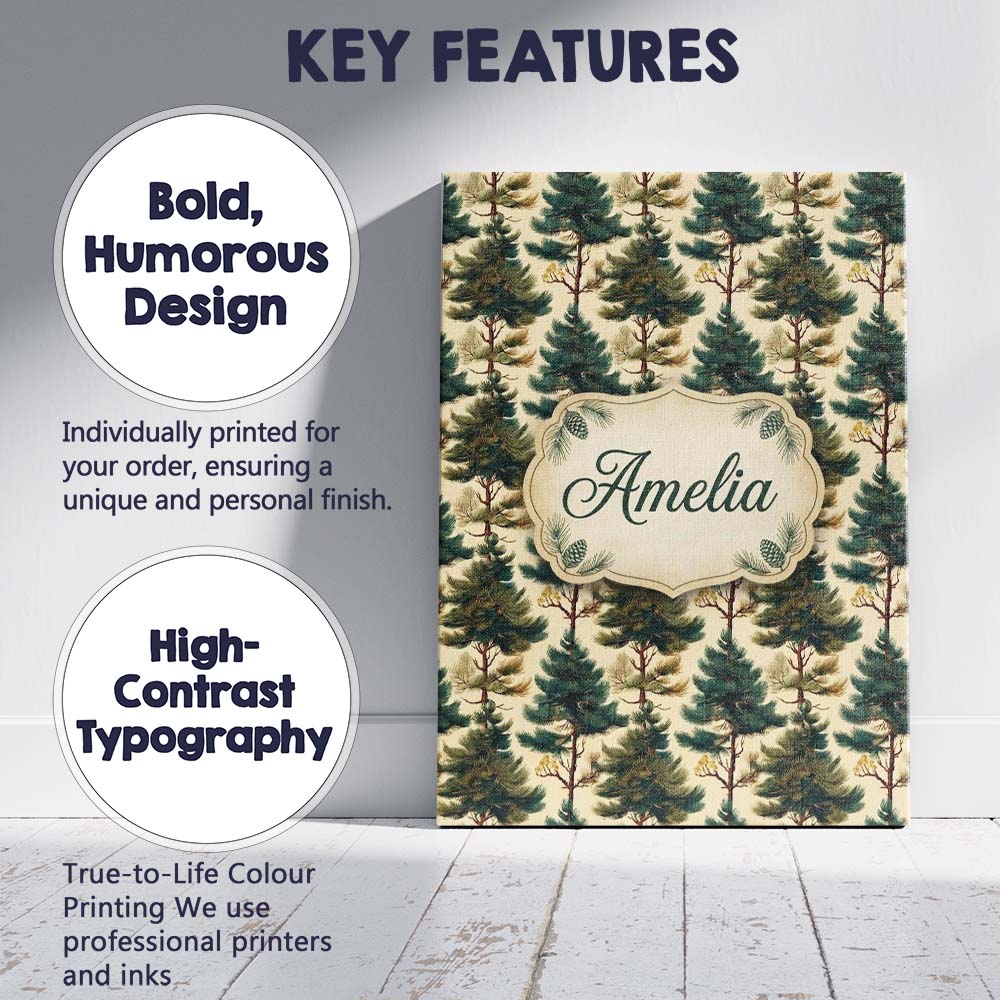 Personalised Name Detailed Evergreen Pine Custom  Unique Gift Idea Elegant Feature Canvas Wall Art Print Decor Picture Ready to Hang
