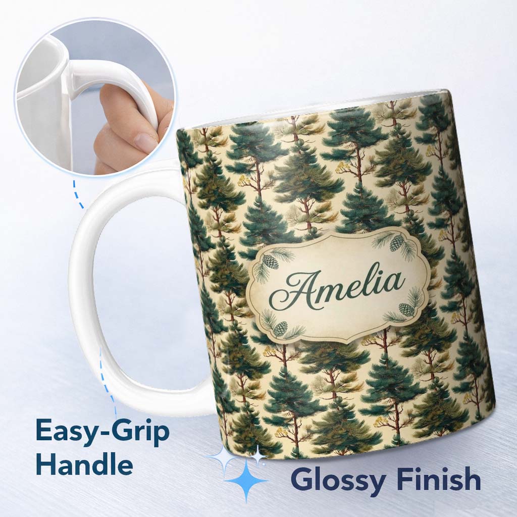 Personalized Custom Name Detailed Evergreen Pine Tree Nature Seamless Pattern Name Cute 11oz Ceramic Coffee Tea Mug White Large Handle