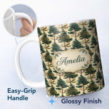 Personalized Custom Name Detailed Evergreen Pine Tree Nature Seamless Pattern Name Cute 11oz Ceramic Coffee Tea Mug White Large Handle