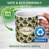Personalized Custom Name Detailed Evergreen Pine Tree Nature Seamless Pattern Name Cute 11oz Ceramic Coffee Tea Mug White Large Handle
