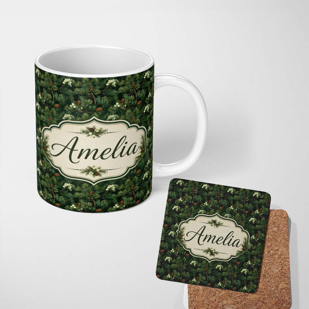 Personalized Custom Name Dark Green Pine Branches Cones Botanical Seamless Pattern Custom 11oz Ceramic Coffee Tea Mug White Large Handle