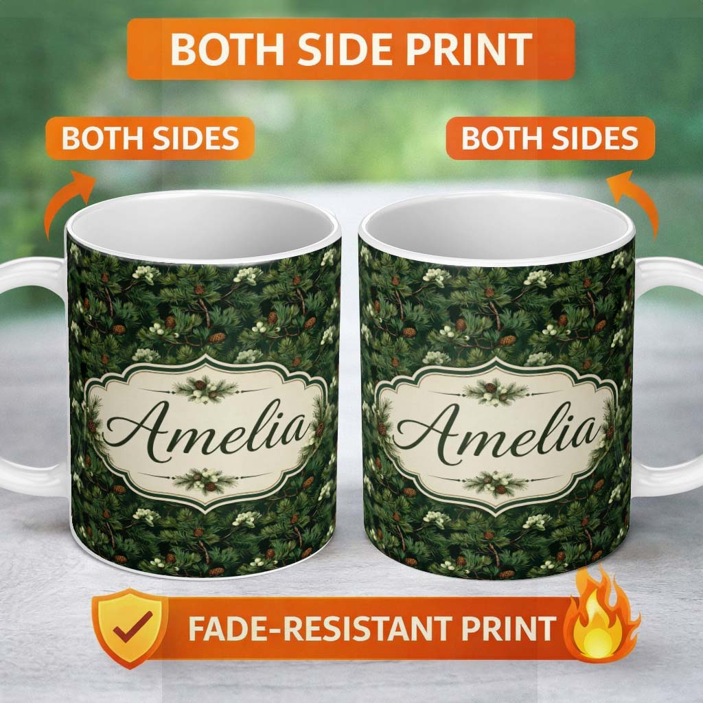 Personalized Custom Name Dark Green Pine Branches Cones Botanical Seamless Pattern Custom 11oz Ceramic Coffee Tea Mug White Large Handle