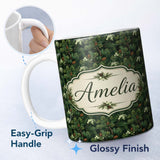 Personalized Custom Name Dark Green Pine Branches Cones Botanical Seamless Pattern Custom 11oz Ceramic Coffee Tea Mug White Large Handle