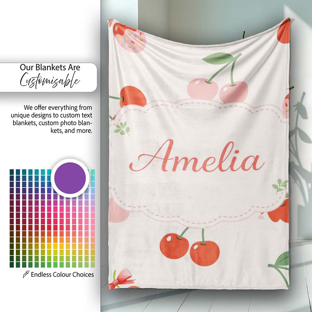 Cherry Fruit Light Lavender Background Minimal Seamless Pattern  Personalised Custom Name Super Soft Fleece Blanket Bed Sofa Throw