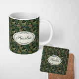 Personalized Custom Name Lush Pine Cone Foliage Dense Forest Seamless Pattern Name Cute 11oz Ceramic Coffee Tea Mug White Large Handle