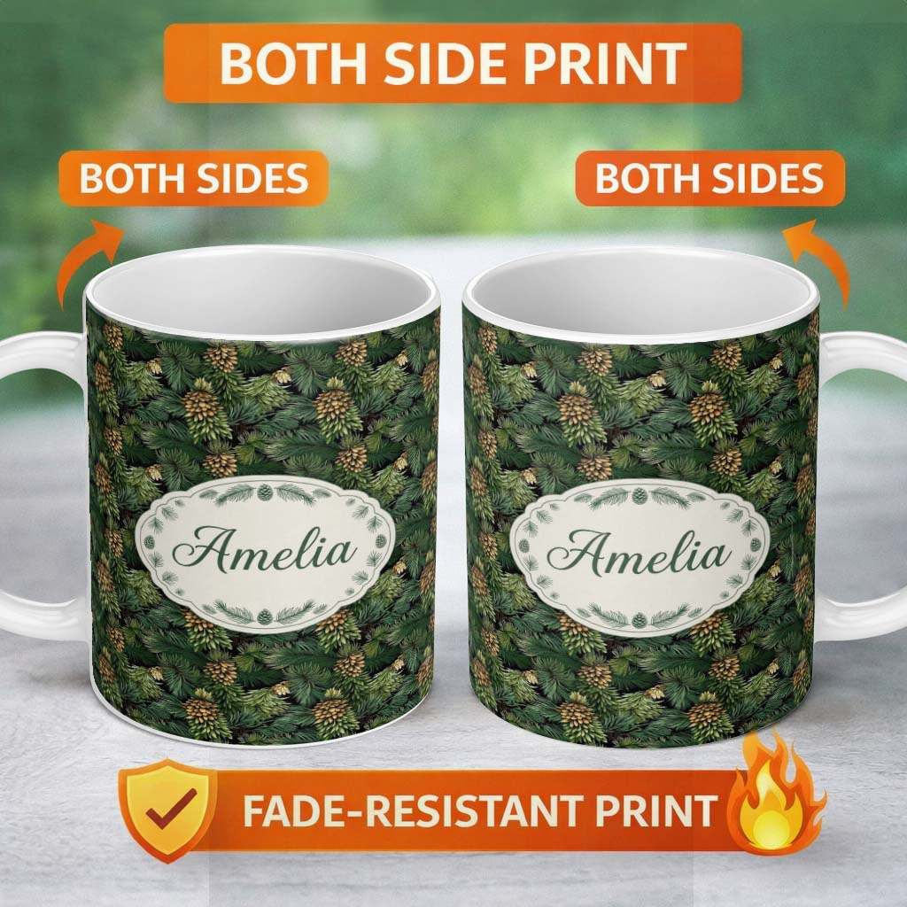 Personalized Custom Name Lush Pine Cone Foliage Dense Forest Seamless Pattern Name Cute 11oz Ceramic Coffee Tea Mug White Large Handle