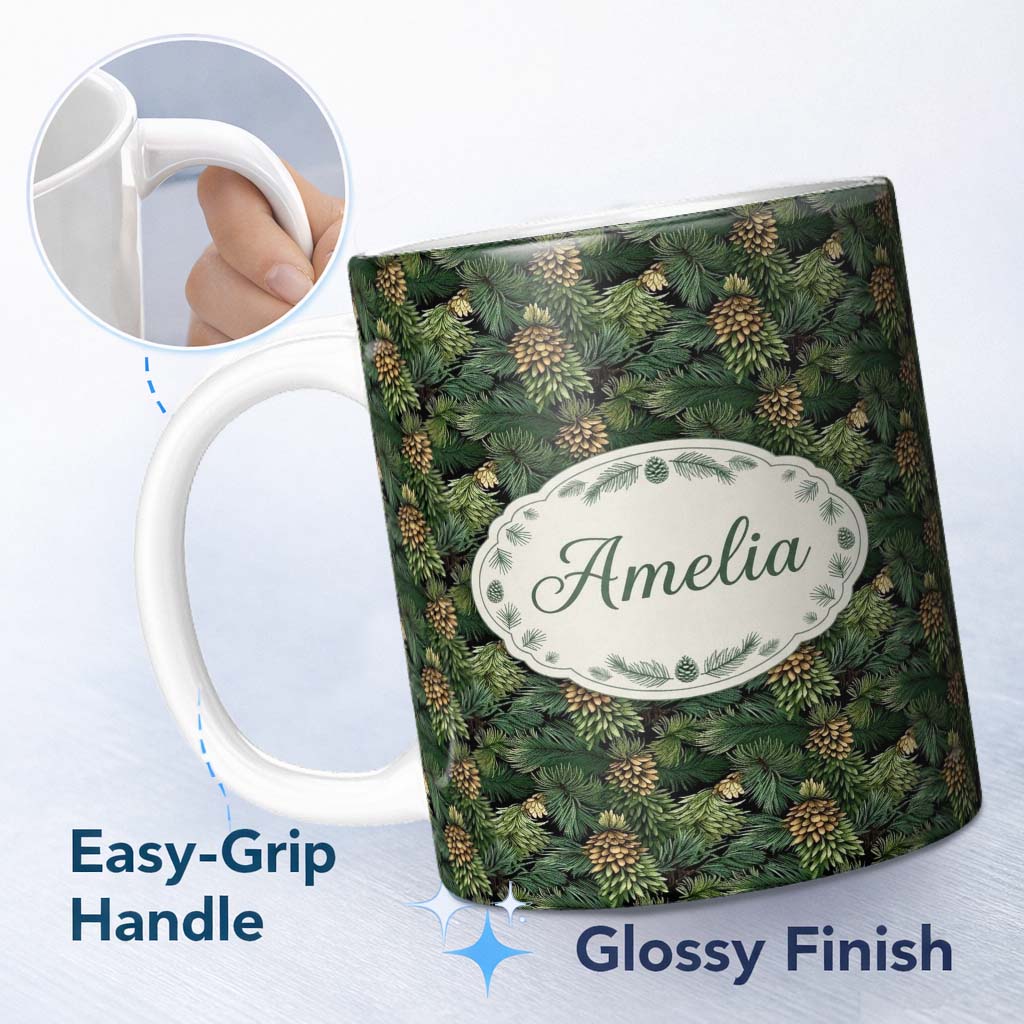 Personalized Custom Name Lush Pine Cone Foliage Dense Forest Seamless Pattern Name Cute 11oz Ceramic Coffee Tea Mug White Large Handle