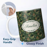 Personalized Custom Name Lush Pine Cone Foliage Dense Forest Seamless Pattern Name Cute 11oz Ceramic Coffee Tea Mug White Large Handle