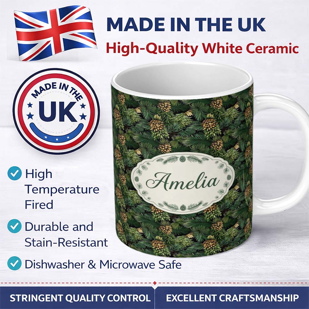 Personalized Custom Name Lush Pine Cone Foliage Dense Forest Seamless Pattern Name Cute 11oz Ceramic Coffee Tea Mug White Large Handle