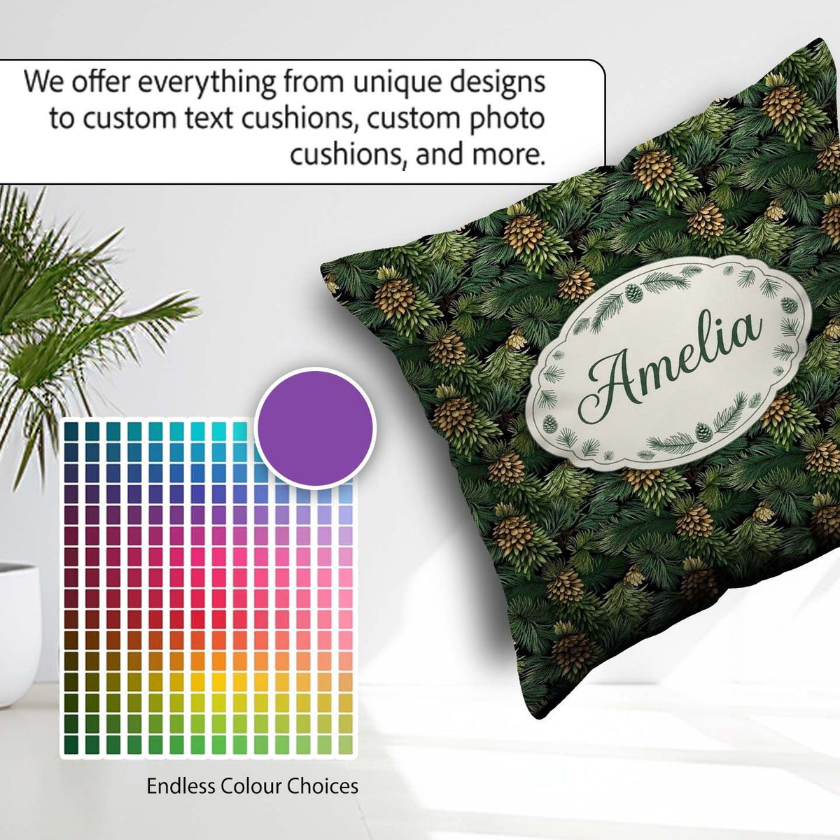 Custom Name Lush Pine Cone Foliage Dense Forest Seamless Pattern Square Filled Cushion Throw Pillow Sofa Bed Home Decor Zip Washable UK Made
