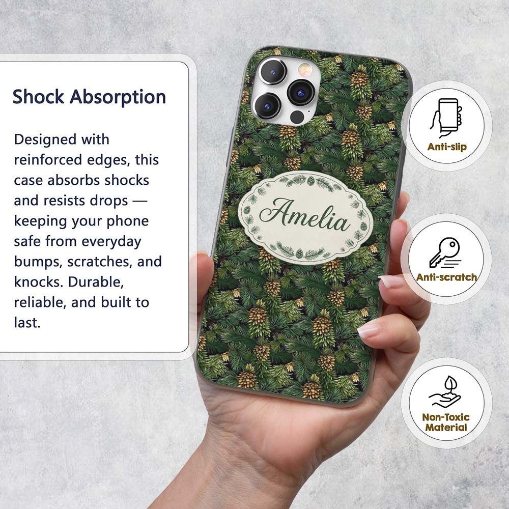 Lush Pine Cone Foliage Dense Forest Seamless Custom Name Protective Phone Case Mobile Cover Durable Everyday Smartphone Shock Resistant