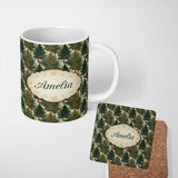 Personalized Custom Name Lush Evergreen Pine Trees Forest Seamless Pattern Name Cute Unique 11oz Ceramic Coffee Tea Mug White Large Handle