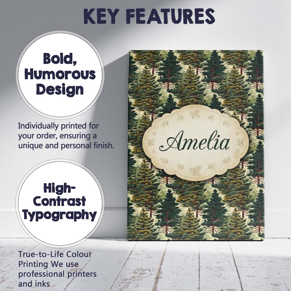 Personalised Name Lush Evergreen Pine Trees Custom  Bespoke Interior Contemporary Canvas Wall Art Print Decor Picture Ready to Hang